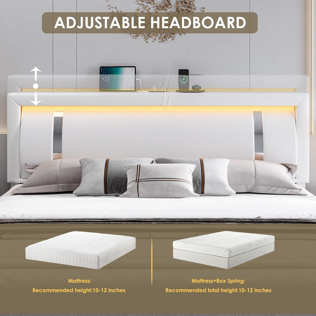 King Size Bed Frame with RGB LED Lights & 2 Storage Drawers, Modern Upholstered Platform Bed with Iron Metal Decor, USB Charging Ports, White