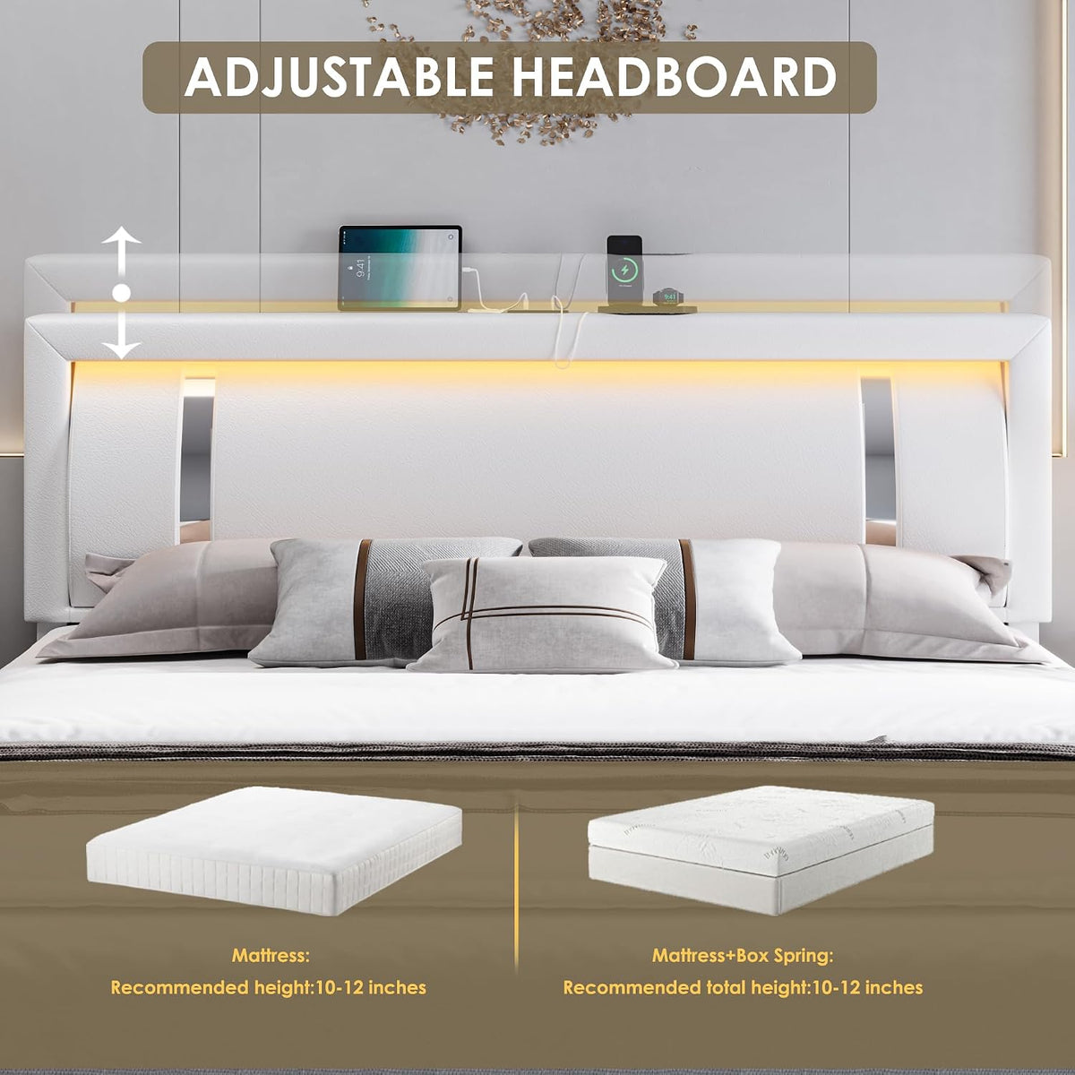 King Size Bed Frame with RGB LED Lights & 2 Storage Drawers, Modern Upholstered Platform Bed with Iron Metal Decor, USB Charging Ports, White