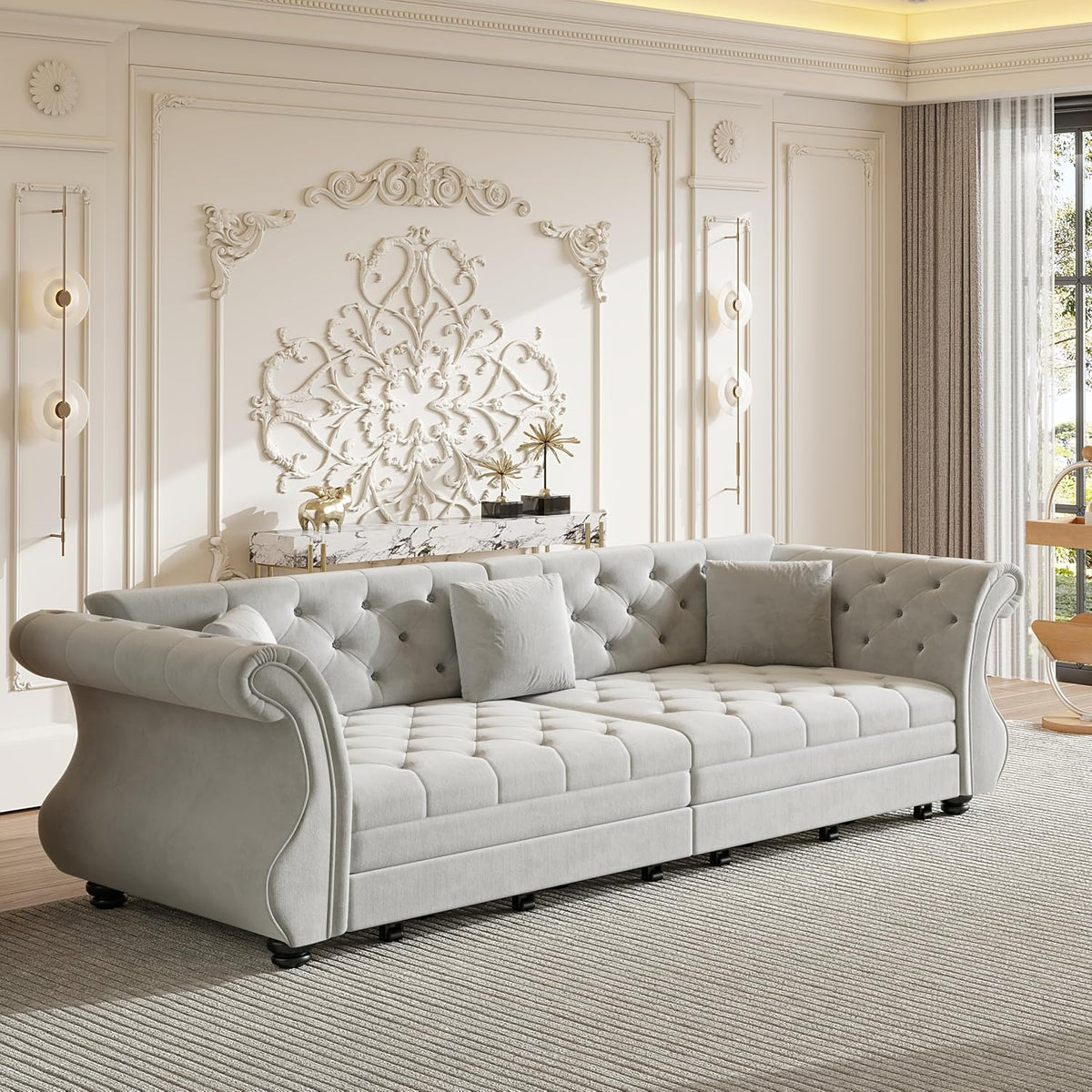 Sleeper Sofa Bed 97.6", Velvet Pull Out Couch, Chesterfield Sofa, Gray