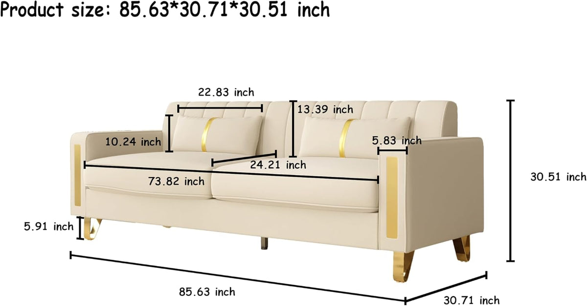2-Piece Loveseat Couch Set for Living Room, 86" Beige 3-Seater Velvet Sofa Couch with 4 Pillows & Gold Metal Legs, Modern Upholstered Sofa Set Love Seat Sectional Couches for Apartment Home Office