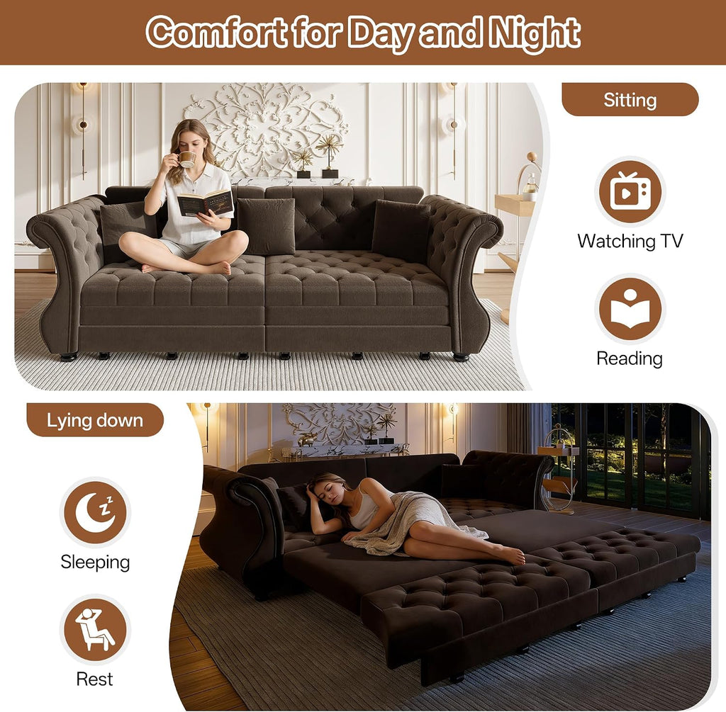 Sleeper Sofa Bed 97.6", Velvet Pull Out Couch, Chesterfield Sofa, Brown