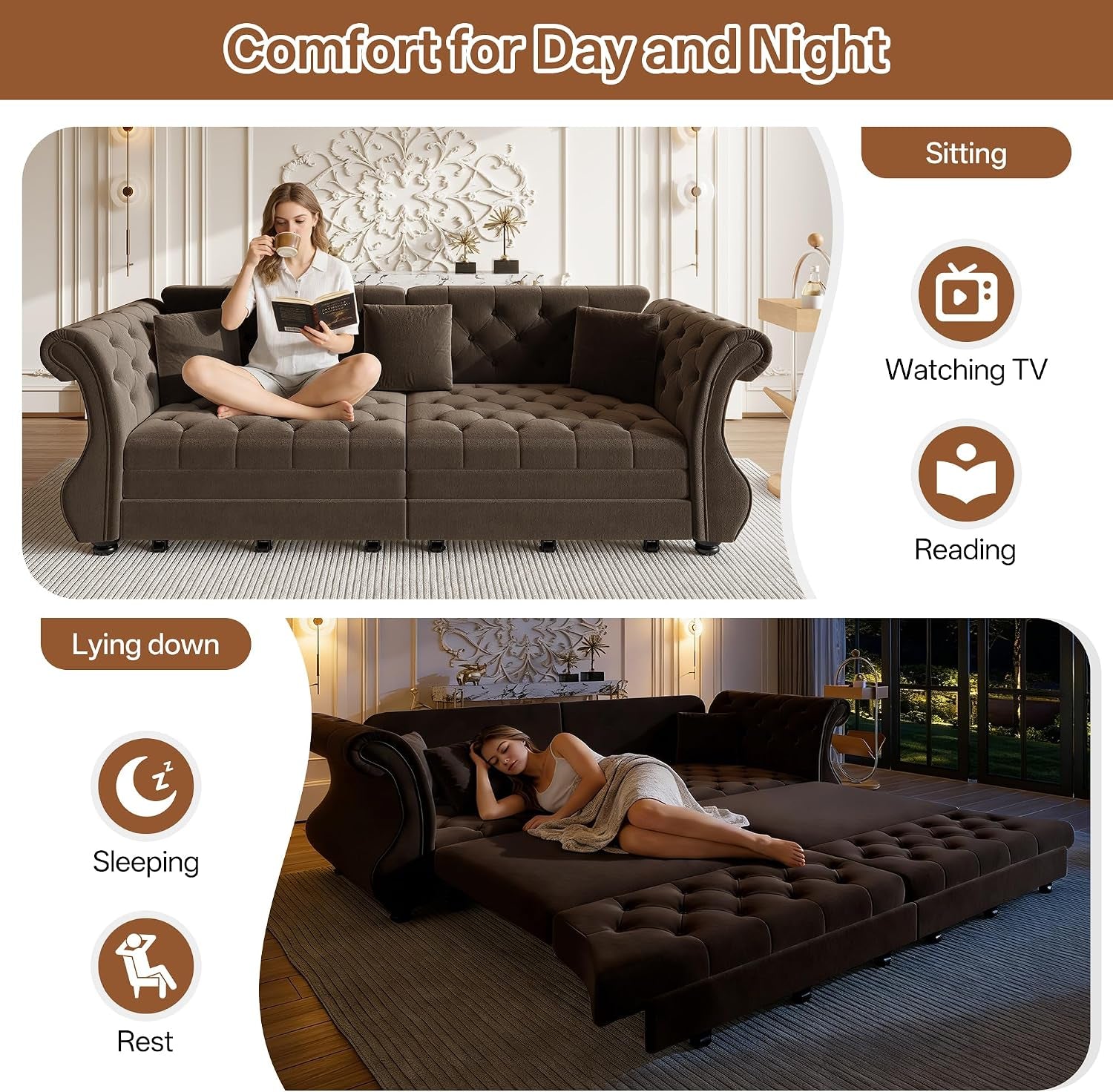 Sleeper Sofa Bed 97.6", Velvet Pull Out Couch, Chesterfield Sofa, Brown