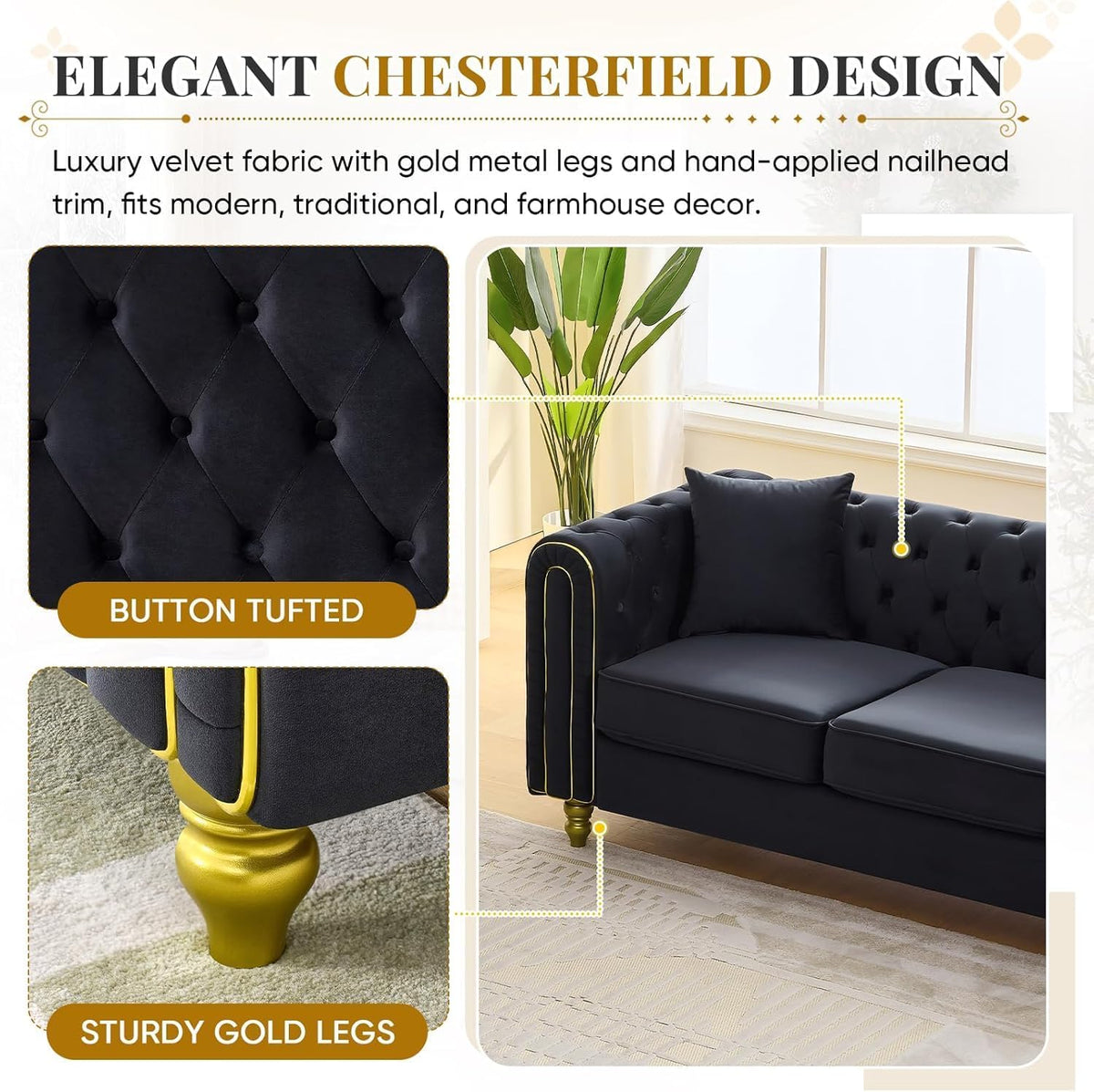 Velvet Chesterfield Button Tufted Sofa Set, 2 Pcs Modern 3 Seater Couch with Golden Legs & High-Density Cushion, Upholstered Comfy Sofa with Pillows for Living Room, Black