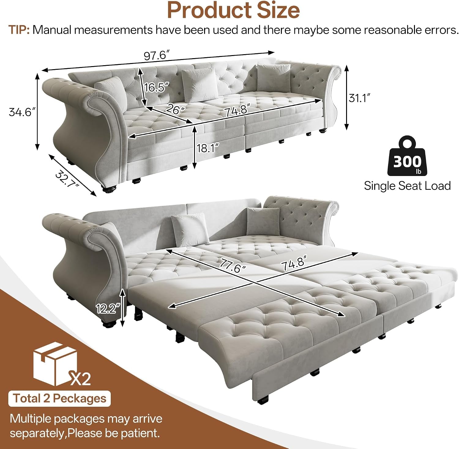 Sleeper Sofa Bed 97.6", Velvet Pull Out Couch, Chesterfield Sofa, Gray