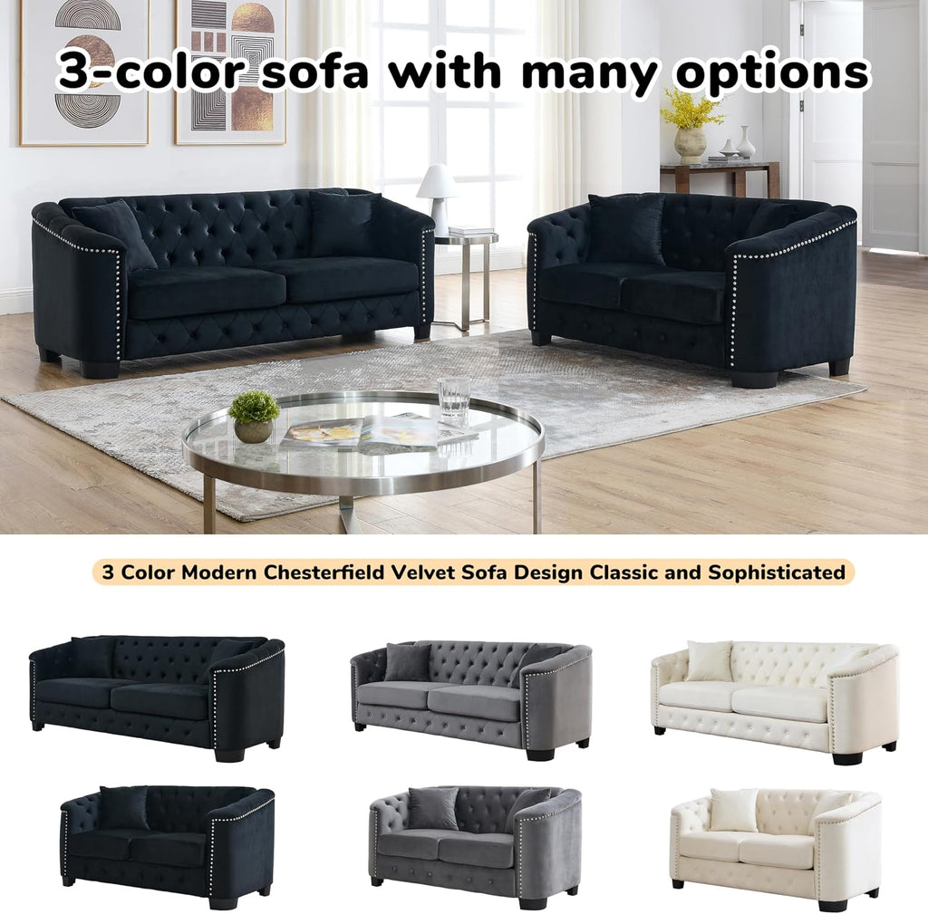 2 Piece Modern Chesterfield Velvet 77" 3-Seater + 59" Loveseat Sofa Set, Upholstered Tufted Backrests with 8" Nailhead Arms and 4 Cushions for Living Room (Black, 77" 3-Seater + 59" Loveseat Sofa Set)
