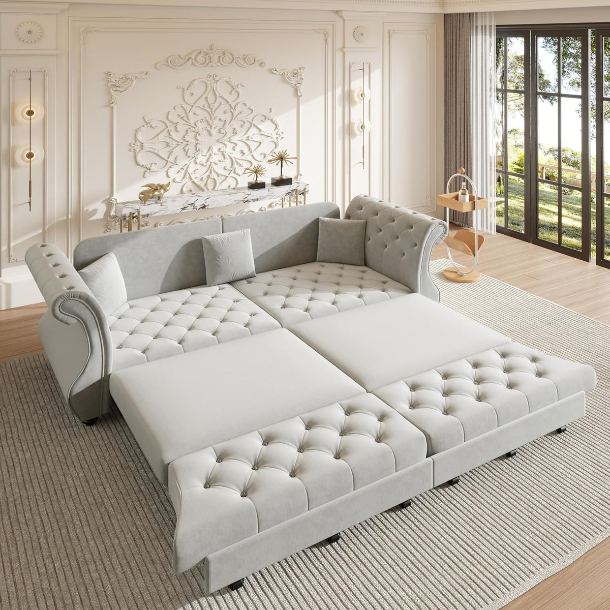 Sleeper Sofa Bed 97.6", Velvet Pull Out Couch, Chesterfield Sofa, Gray