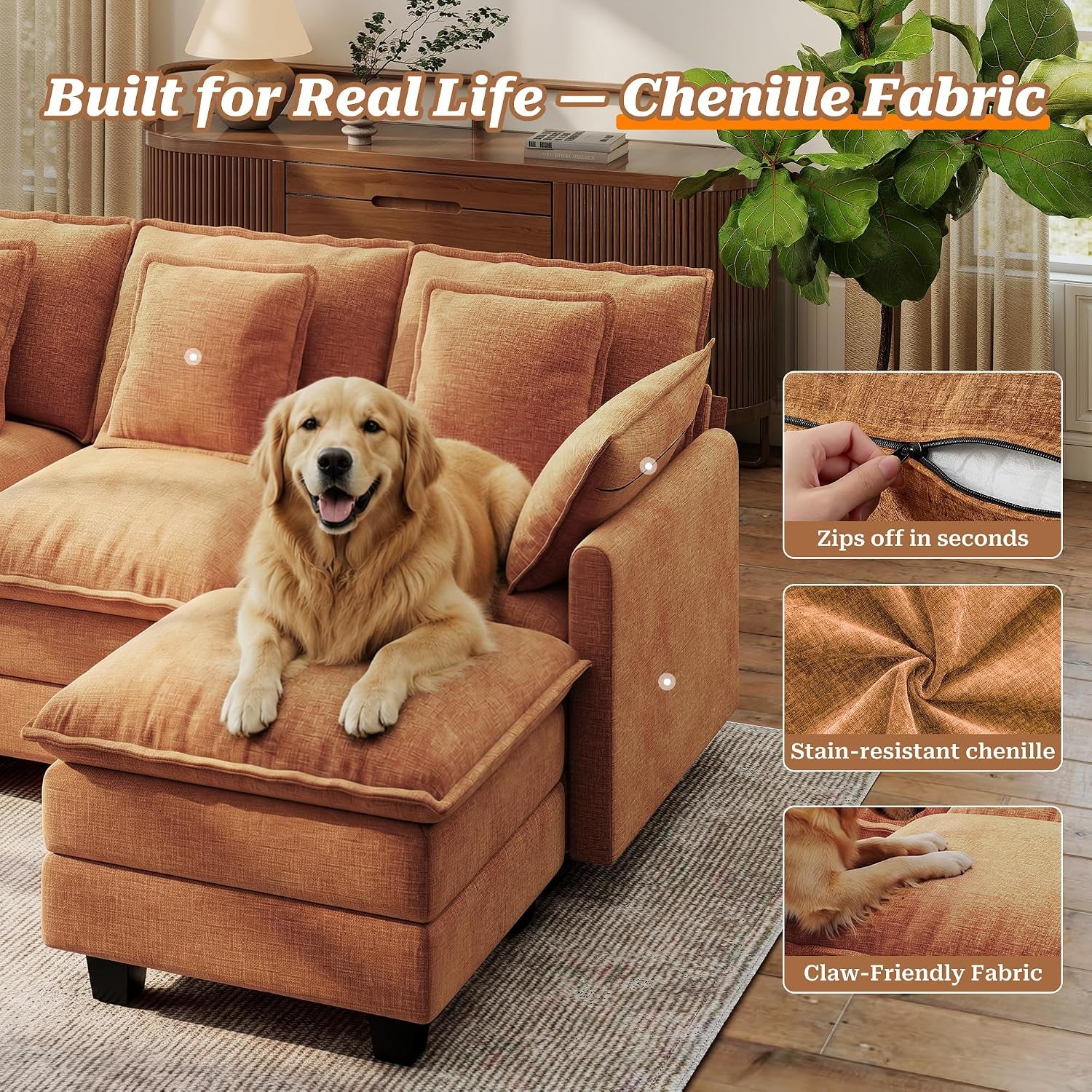 107" Modular Sectional Cloud Sofa, U Shaped 6 Seat Chenille Couch with Movable Ottomans and 48" Deep Seat, Convertible Couches for Living Room, Orange