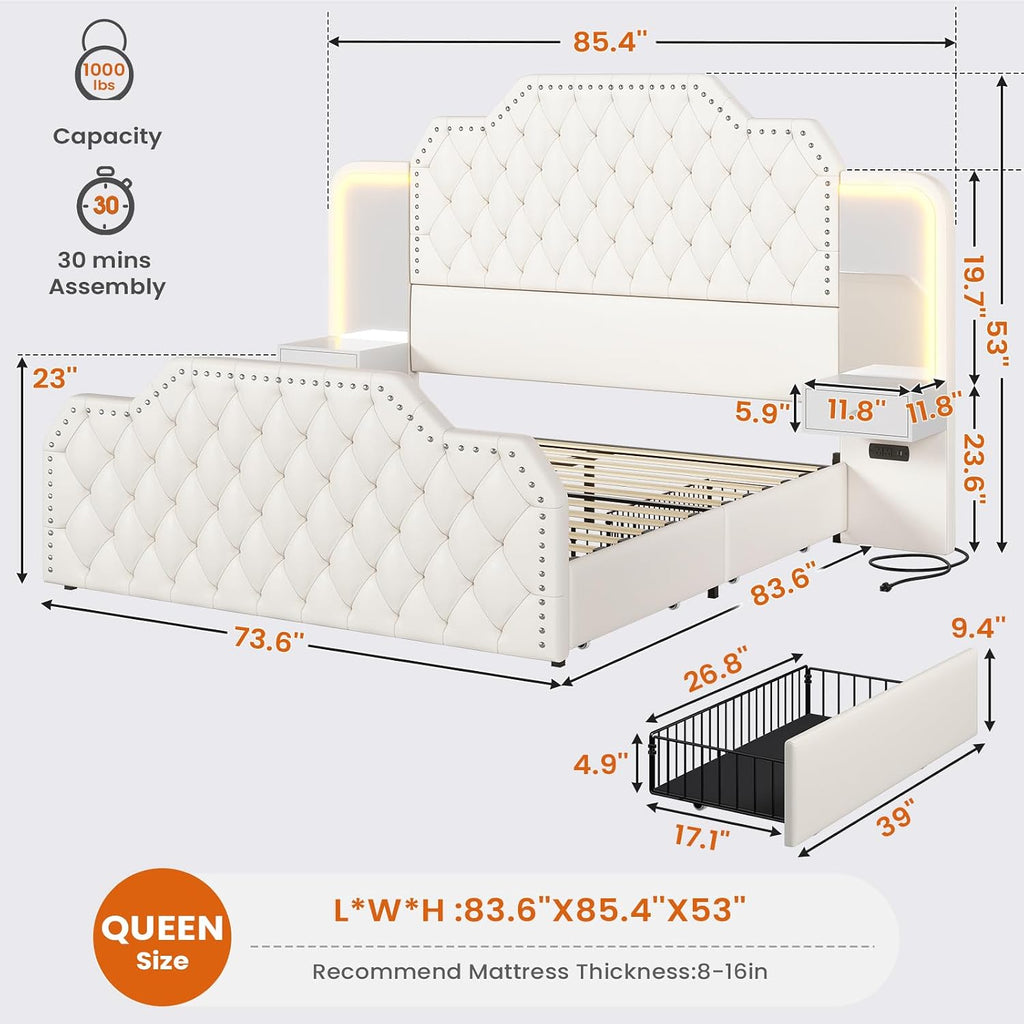 Queen Bed Frame with 53" Tall Headboard and 4 Storage Drawers, PU Leather Upholstered Platform Bed Frame, Built in Charging Station & Led, 2 Nightstands with Mirror, White
