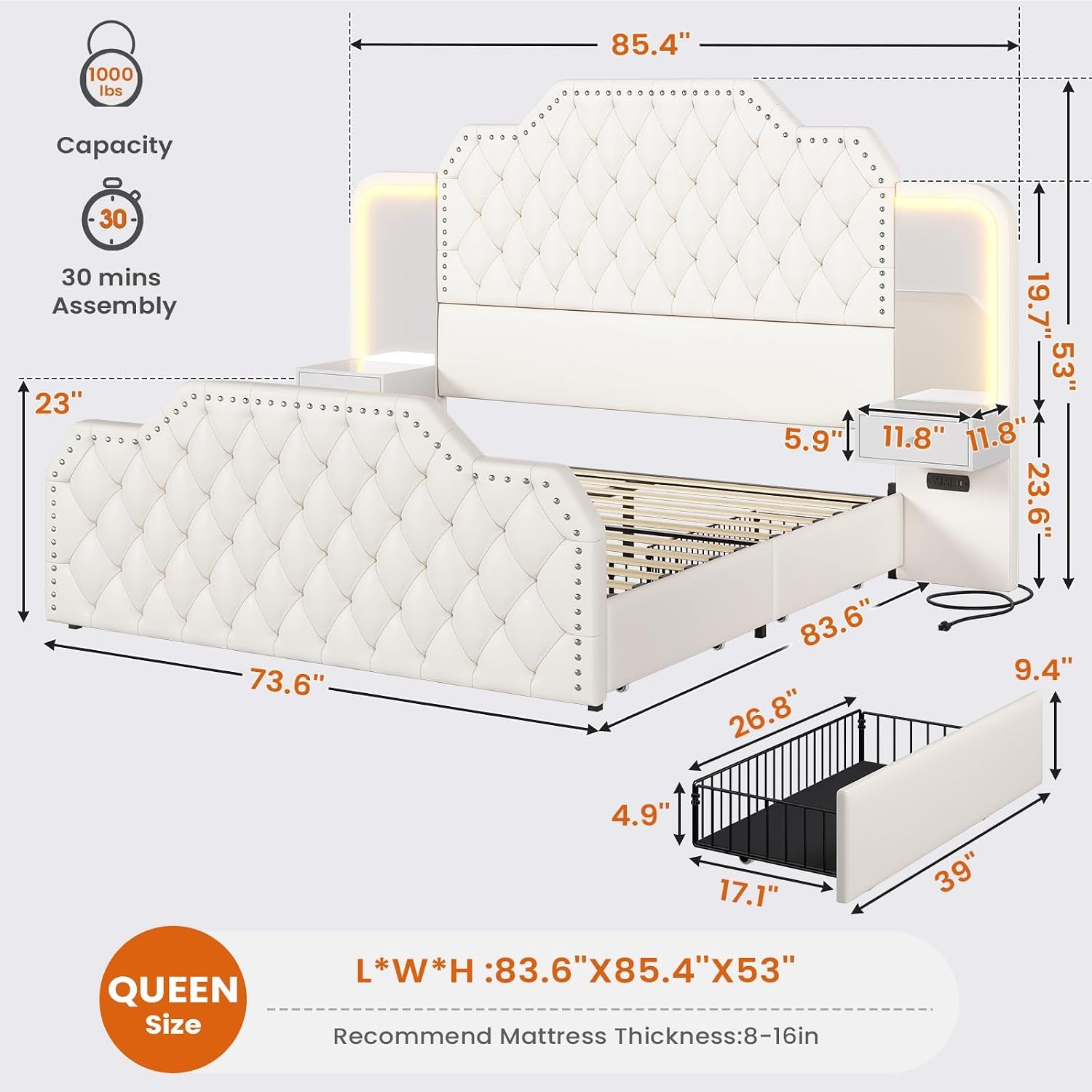 Queen Bed Frame with 53" Tall Headboard and 4 Storage Drawers, PU Leather Upholstered Platform Bed Frame, Built in Charging Station & Led, 2 Nightstands with Mirror, White