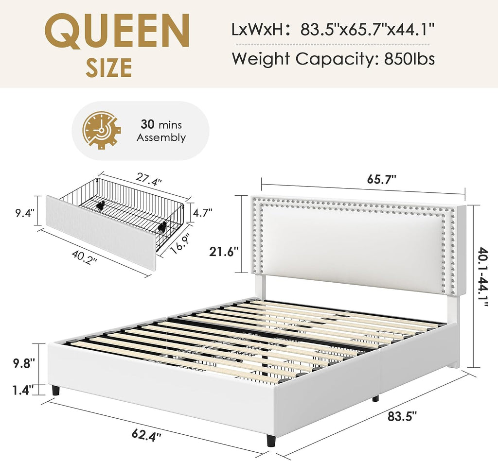 Queen Size Upholstered Bed Frame with 4 Storage Drawers, Adjustable Velvet Rivet Decor Headboard, Wooden Slats Platform Support, No Box Spring Needed, Easy Assembly,White