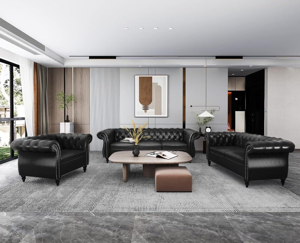 3-Piece Living Room Sectional Sofa Set, Upholstered Sofa Modern Sofa Couches Set Style Button Tufted, PU Chesterfield Sofa for Living Room Apartment, 1+2+3 Seat PU Black