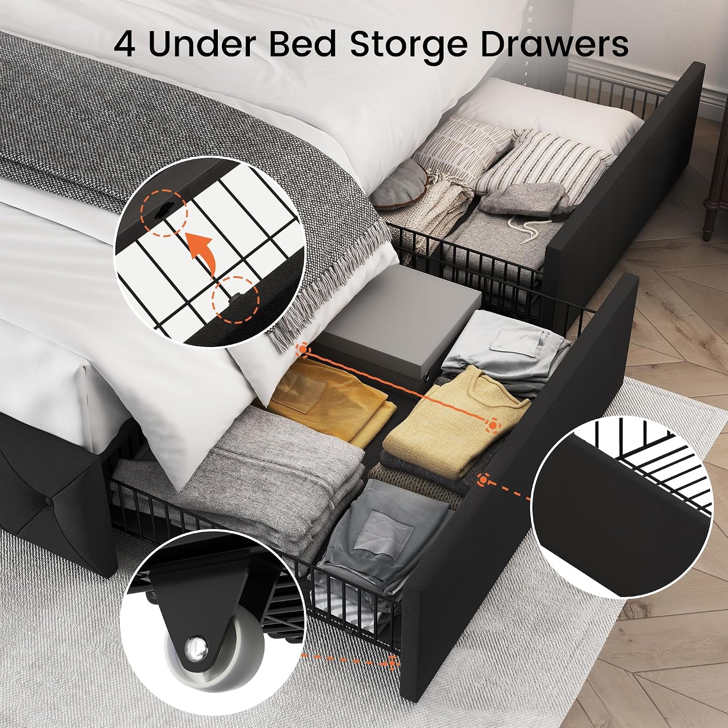 Queen Size Bed Frame with 4 Storage Drawers and 47.2" Tall Wingback Headboard Upholstered Platform Beds Velvet Tufted Bed Frame with Wooden Slats Support, Easy Assembly, Black