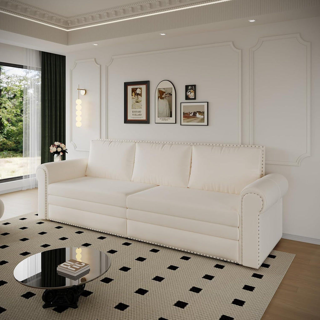 3 in 1 Convertible Sleeper Sofa Bed, 93.7" King Size Sofa Sleeper with Pull Out Bed, Velvet Folding Loveseat Sofa 3-Seater with Deep Seat, Nailhead Trim & Rolled Arm for Living Room (Beige)