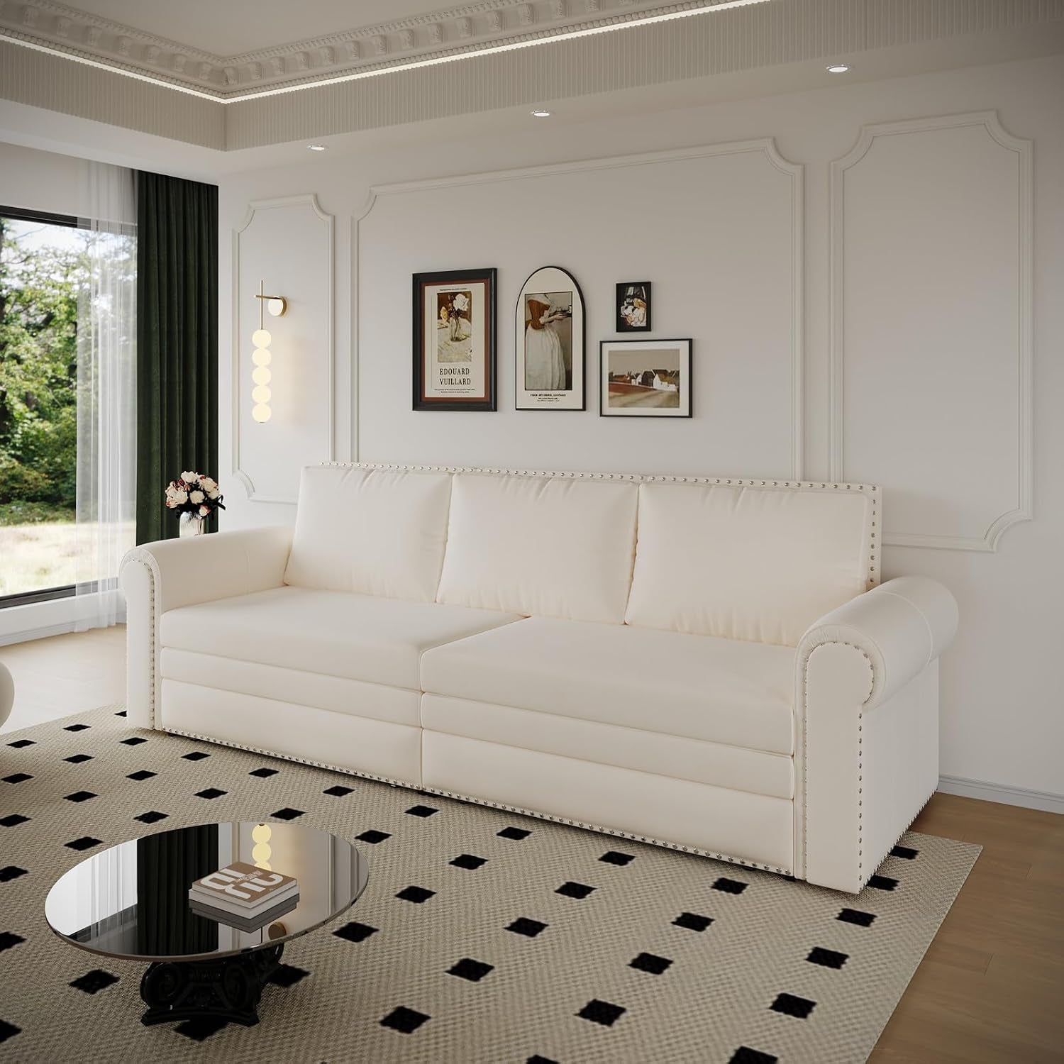 3 in 1 Convertible Sleeper Sofa Bed, 93.7" King Size Sofa Sleeper with Pull Out Bed, Velvet Folding Loveseat Sofa 3-Seater with Deep Seat, Nailhead Trim & Rolled Arm for Living Room (Beige)
