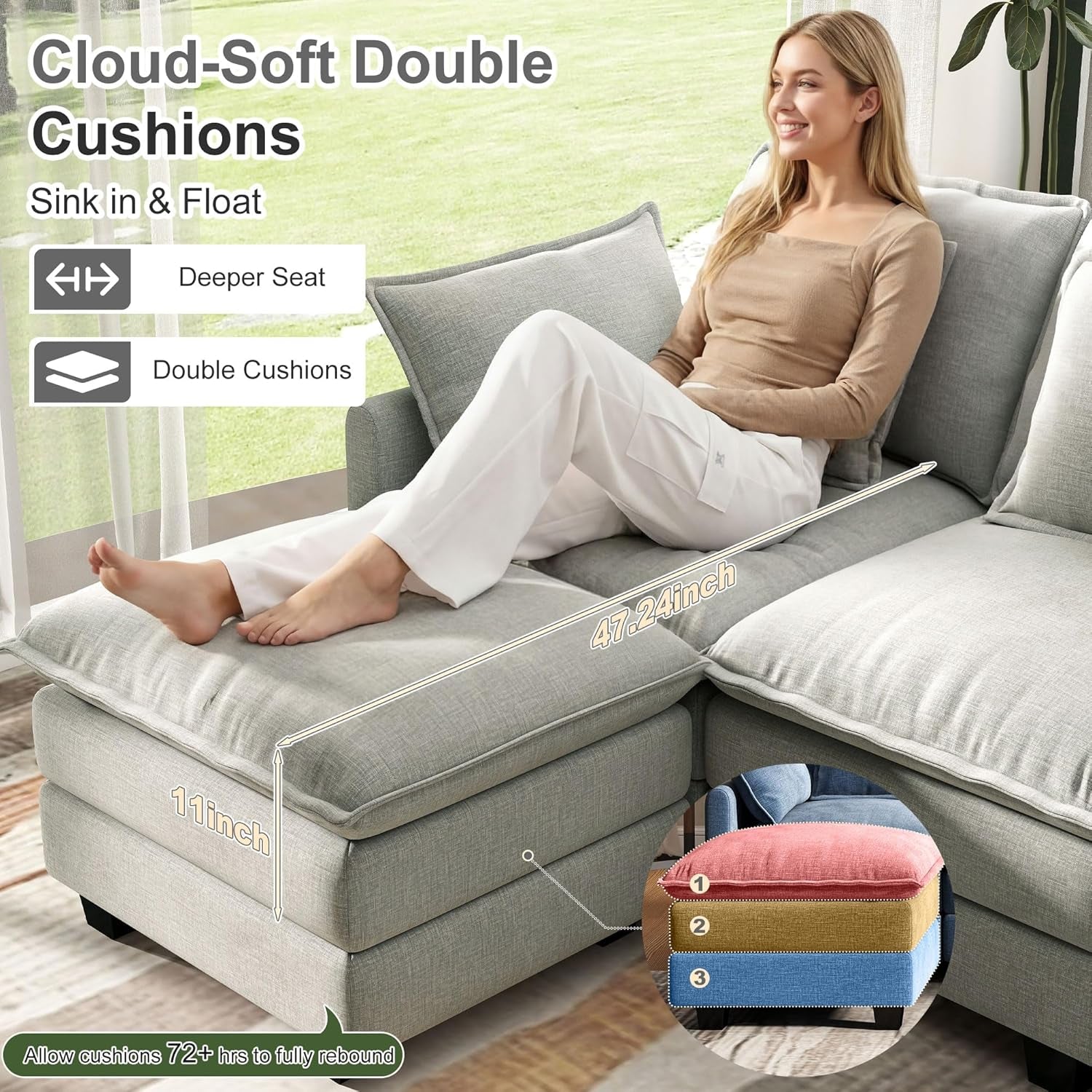 107" Cloud Couch Sectional Modular Sofa, Deep Seat Couches with Ottoman and Removable Washable Pillows for Living Room, Bedroom, Apartment, Light Grey
