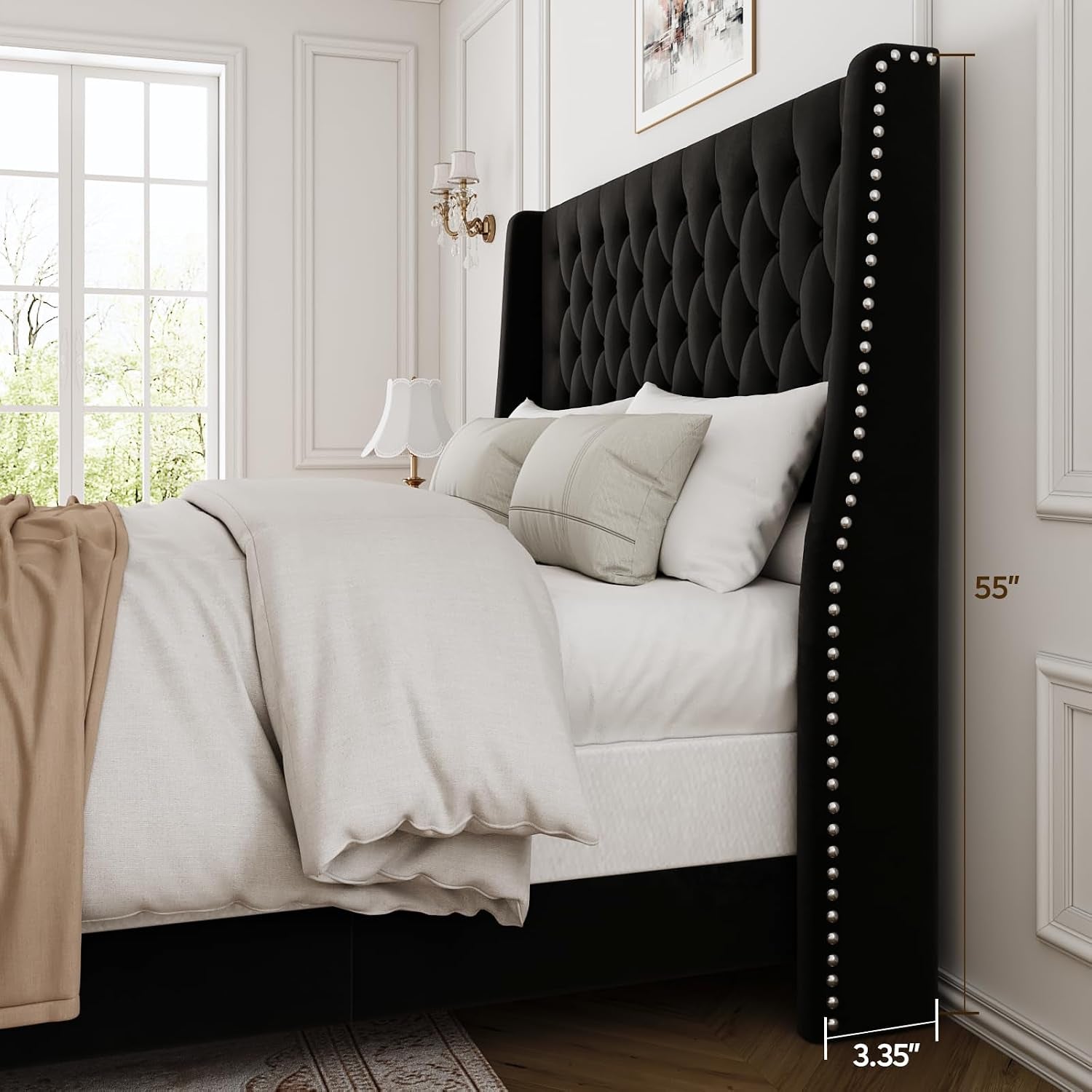 Queen Upholstered Bed Frame, 55.4'' Tall Headboard with Wingback
