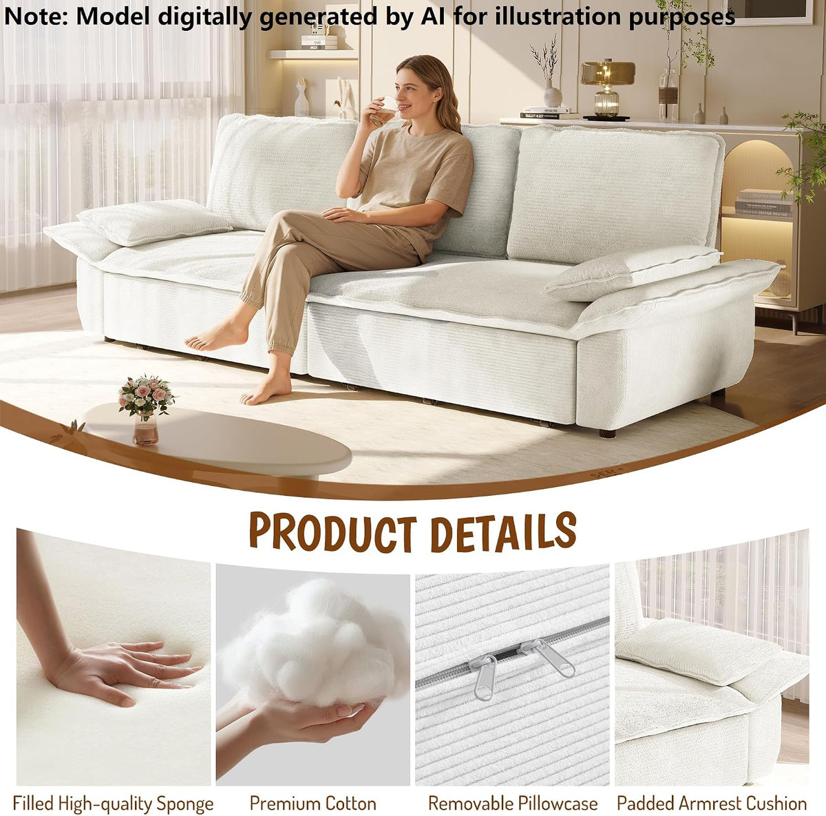 94.5'' King Size Sleeper Sofa Bed, Comfy Corduroy Pull Out Couch, Beige