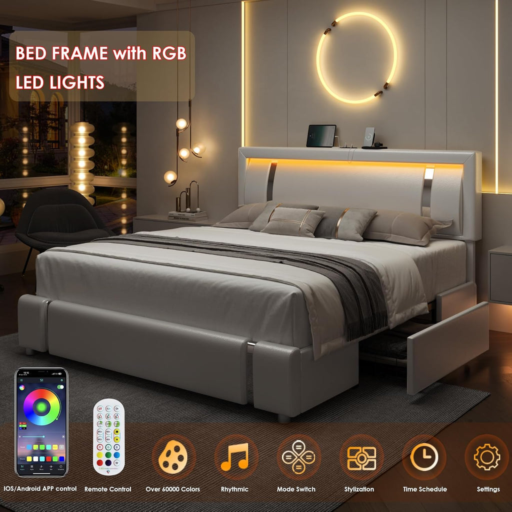 King Size Bed Frame with RGB LED Lights & 2 Storage Drawers, Modern Upholstered Platform Bed with Iron Metal Decor, USB Charging Ports, White