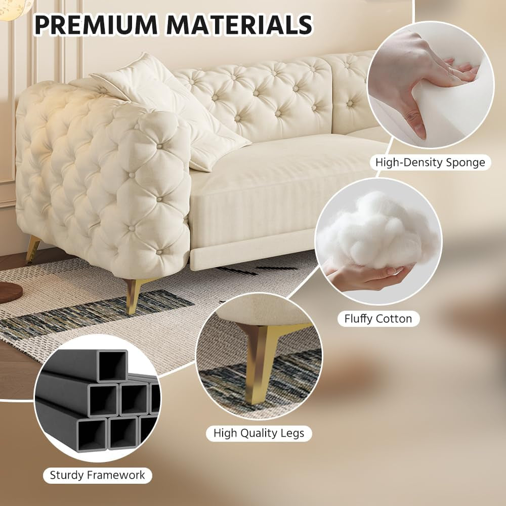 97.7" King Size Sleeper Sofa Bed, 3-In-1 Convertible Pull Out Chesterfield Sleeper Couch with Ottoman, Oversized Velvet Button Tufted L Shaped Sofa for Living Room Small Spaces, Beige White