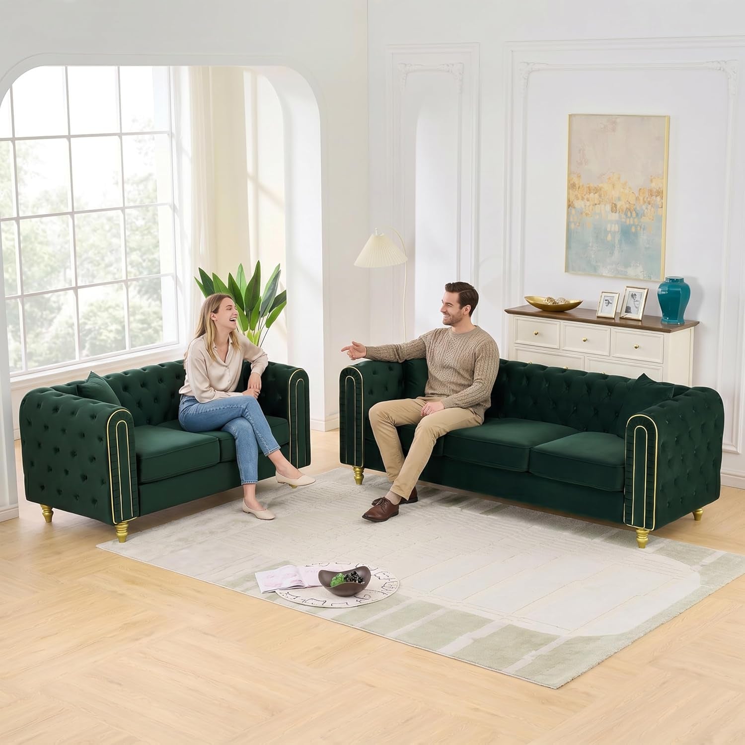 Chesterfield 86" 3-Seater + 63" Loveseat Green Velvet Sofa Sets, 3+2-Seater Couch Comfy Sofa, Button Tufted Rolled Arms and Gold Legs (Green, 2 Piece 86" 3-Seater + 63" Loveseat Sofa, Velvet)