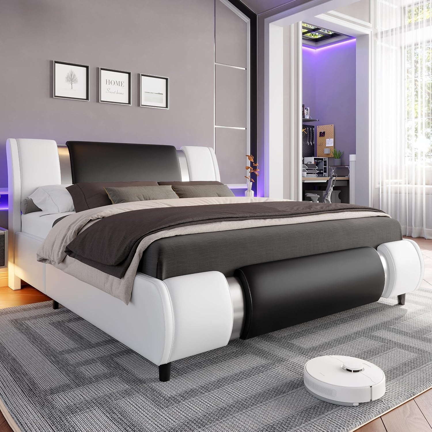 Modern Queen Size Bed Frame with Mirror Metal Decoration, Faux Leather Upholstered Platform Bed with Curved Headboard, Wooden Slats Support, No Box Spring Needed, Whiteblack