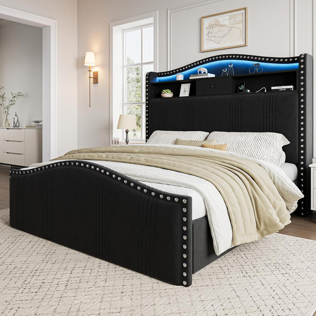 51.5" Queen Size Bed Frame with Headboard and Storage | Velvet Upholstered Bed Frame with LED Lights & Charging Station | No Box Spring Needed Tall Footboard Black