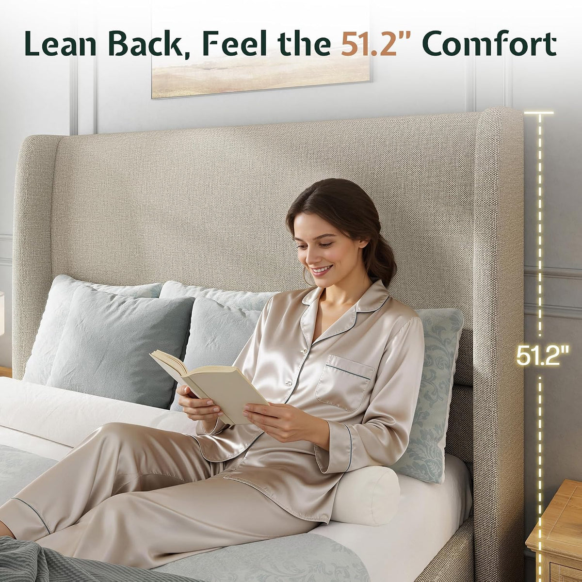 Bed Frame Queen Size Tall Wingback Headboard Upholstered, Brown