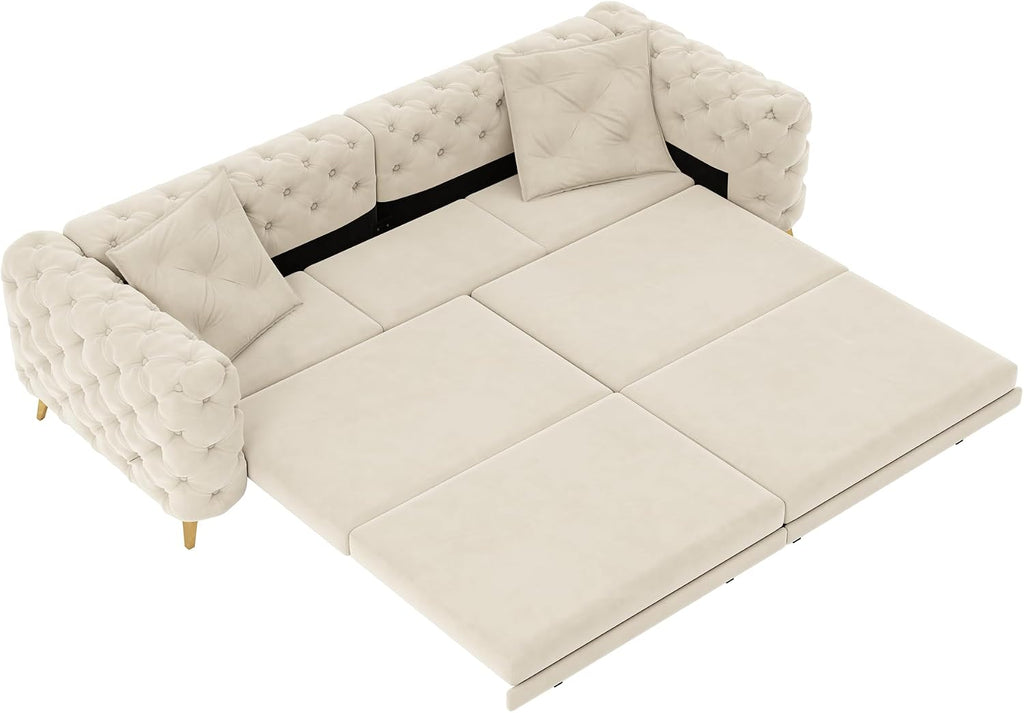 97.7" King Size Sleeper Sofa Bed, 3-In-1 Convertible Pull Out Chesterfield Sleeper Couch with Ottoman, Oversized Velvet Button Tufted L Shaped Sofa for Living Room Small Spaces, Beige White