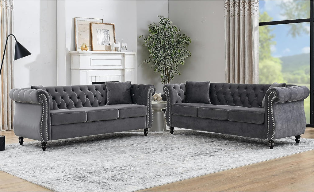 80" 2 Piece 3-Seater Velvet Chesterfield Sofa for Living Room,Combination Sofa with 4 Pillows,Button Tufted Trimming Curved Backrest Rolled Arms with Black Legs (Grey, 80" 3+3 Seat Velvet Sofa Sets)