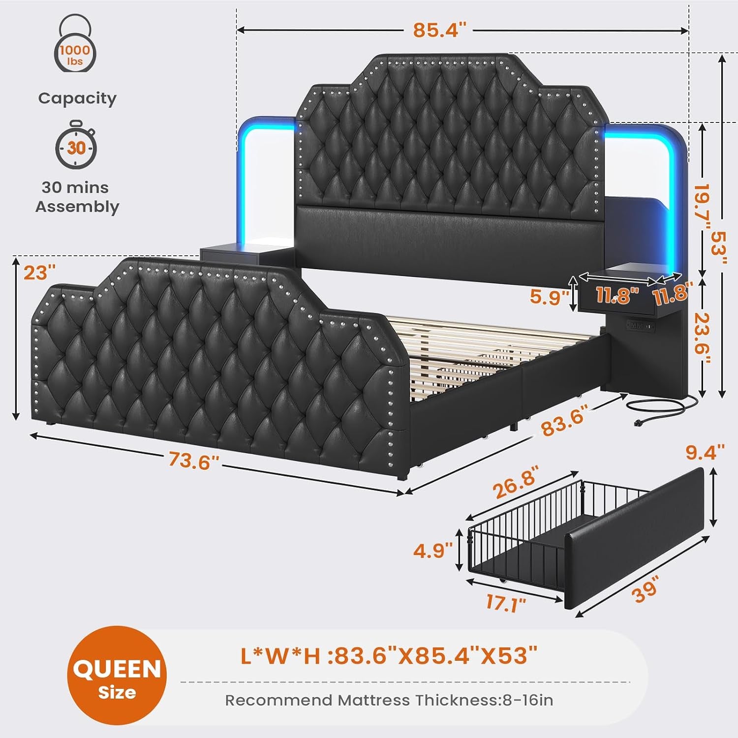 Queen Bed Frame with 53" Tall Headboard and 4 Storage Drawers, PU Leather Upholstered Platform Bed Frame, Built in Charging Station & Led, 2 Nightstands with Mirror, Black
