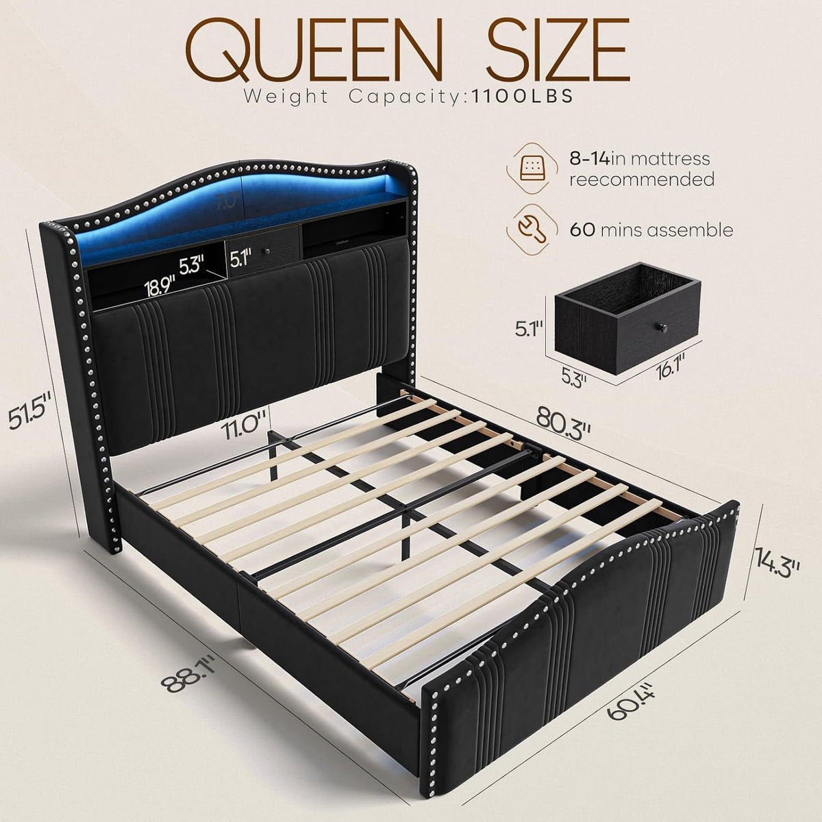 51.5" Queen Size Bed Frame with Headboard and Storage | Velvet Upholstered Bed Frame with LED Lights & Charging Station | No Box Spring Needed Tall Footboard Black