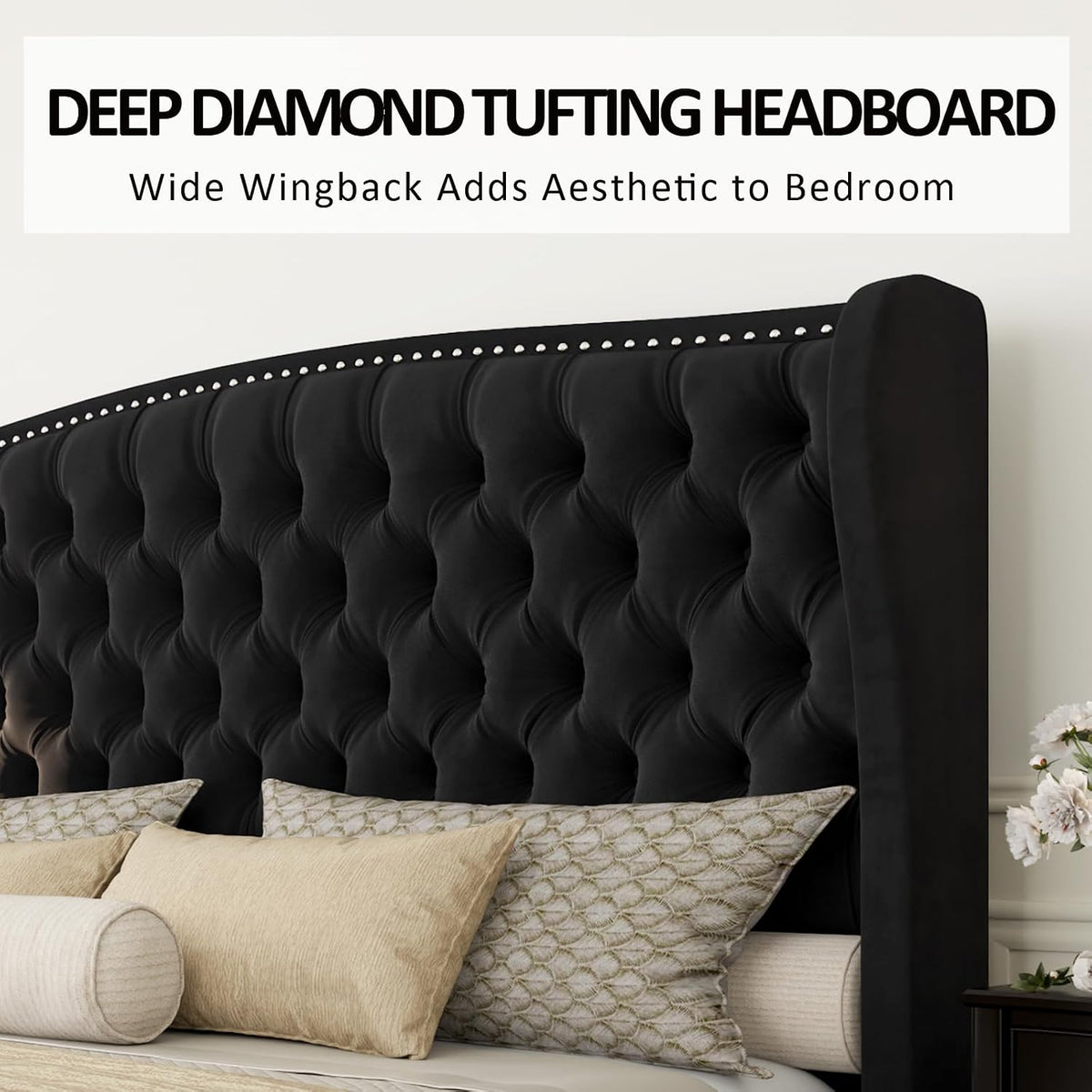 Queen Size Bed Frame with Velvet Upholstered Wingback Headboard