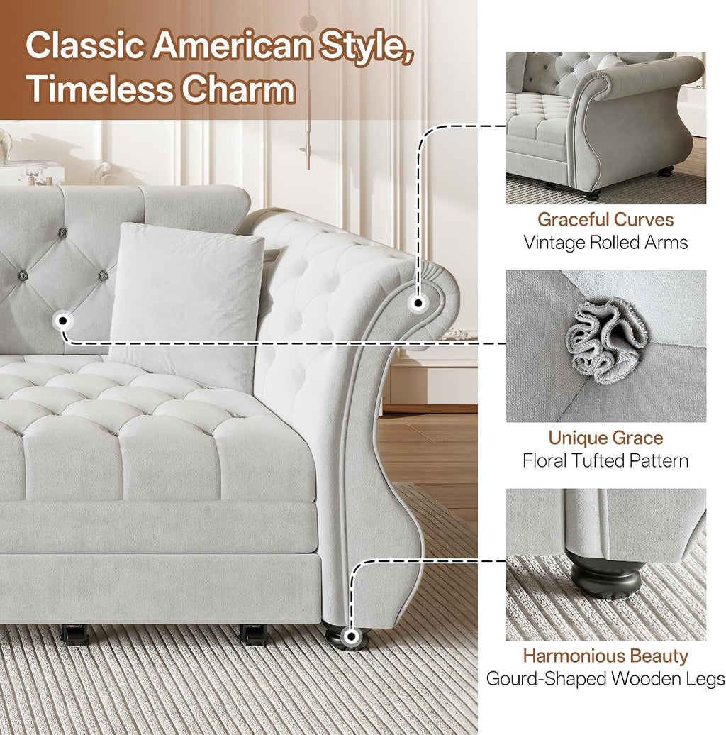 Sleeper Sofa Bed 97.6", Velvet Pull Out Couch, Chesterfield Sofa, Gray