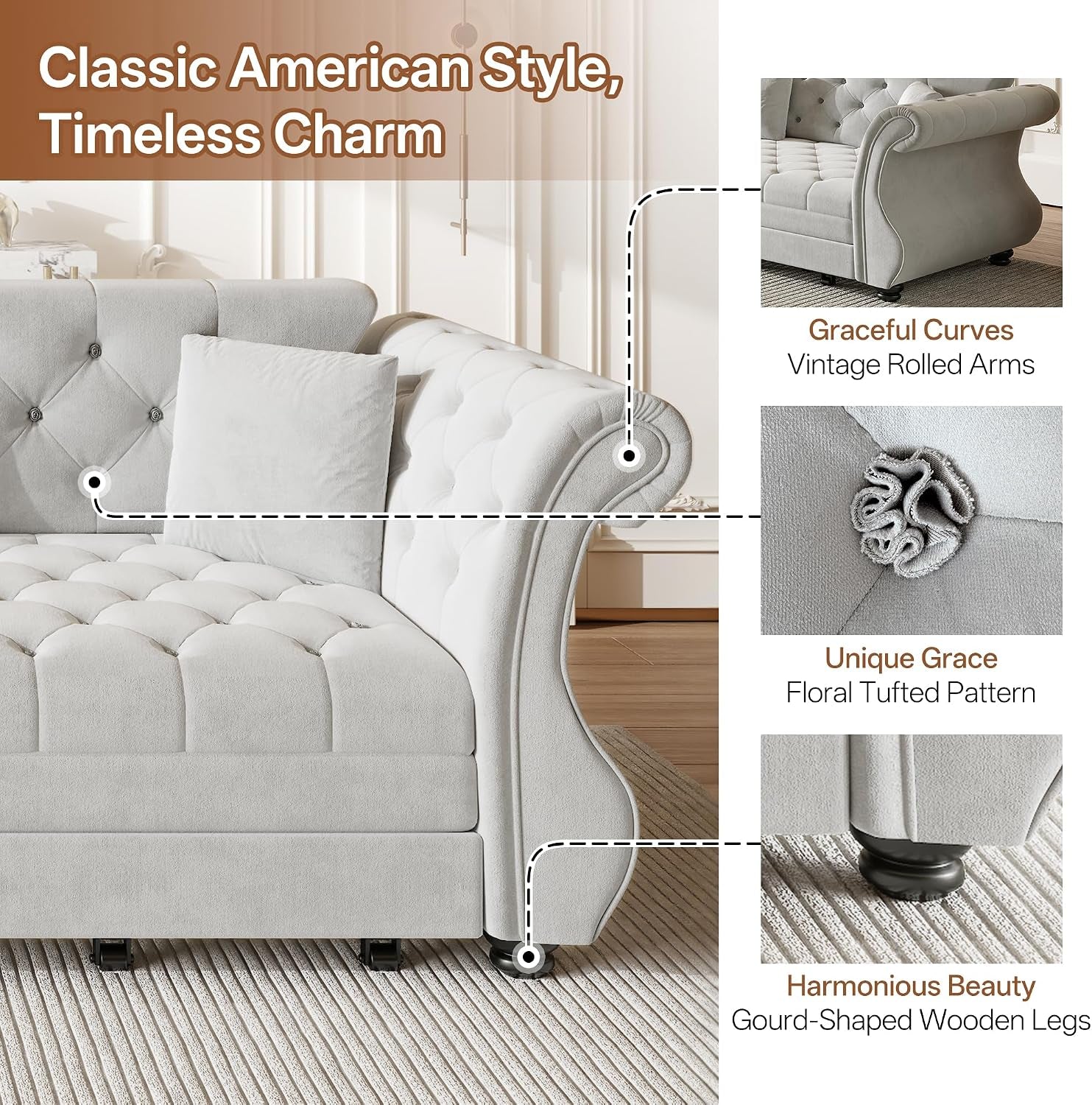 Sleeper Sofa Bed 97.6", Velvet Pull Out Couch, Chesterfield Sofa, Gray