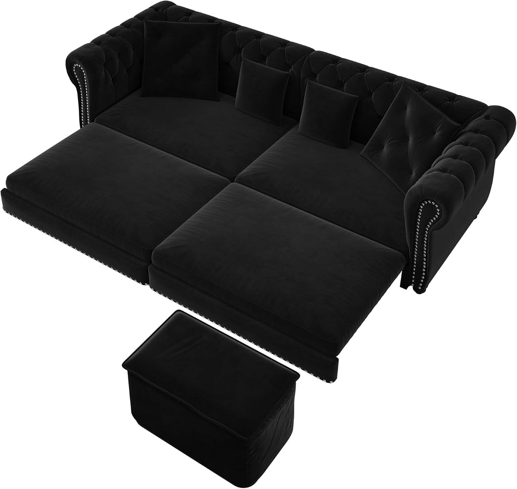 89" King Size Sleeper Sofa Bed, 3-In-1 Convertible Pull Out Chesterfield Sleeper Couch with Ottoman, Oversized Velvet Button Tufted L Shaped Sofa for Living Room Small Spaces (Black)