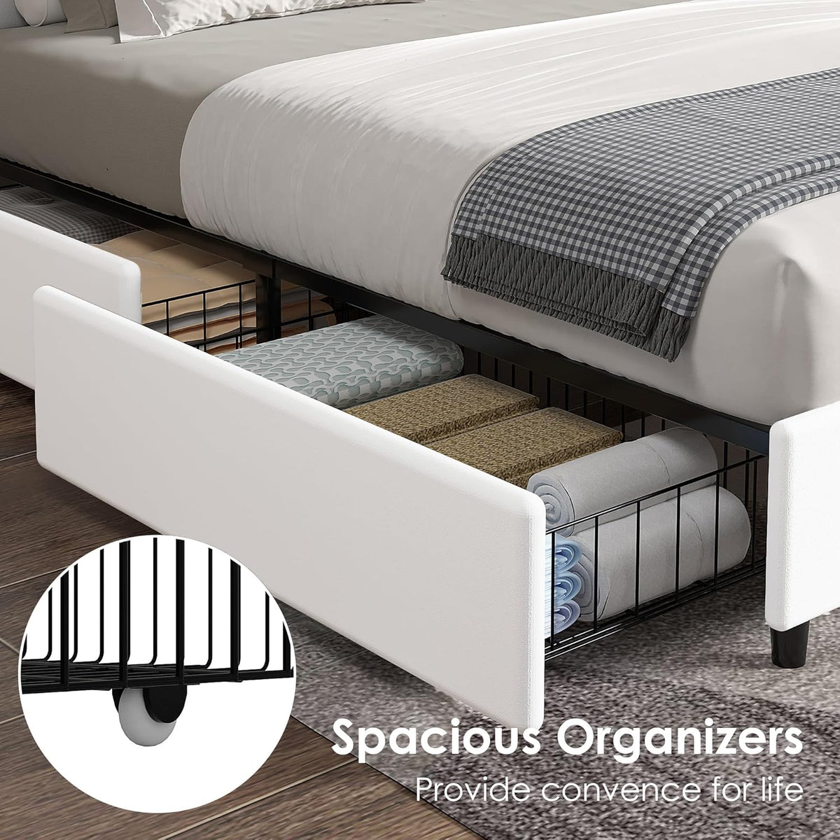 Queen Size Upholstered Bed Frame with 4 Storage Drawers, Adjustable Velvet Rivet Decor Headboard, Wooden Slats Platform Support, No Box Spring Needed, Easy Assembly,White