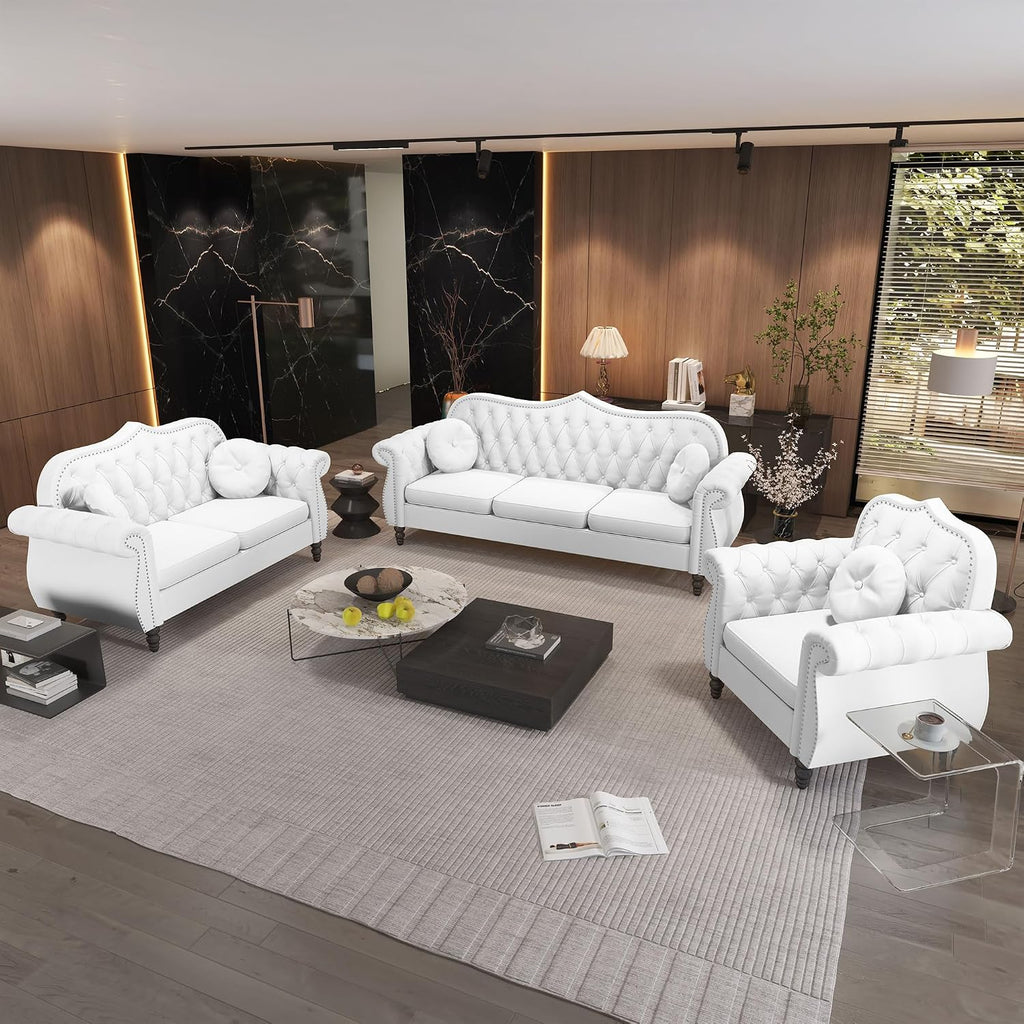 3-Piece Living Room Sectional Sofa Set, Mid-Century Modern Chesterfield Upholstered Velvet Sofa Couch, Classic Tufted Button White Couch with Nailhead Trim for Living Room, Office (White)