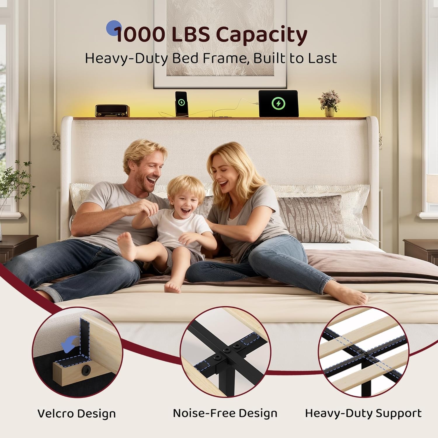 Queen Size Bed Frame with 51.2" Tall Headboard Wingback Linen Upholstered Platform Bed Frame with LED Lights and Charging Station, Storage Shelf, No Box Spring Needed, Noise-Free, Beige