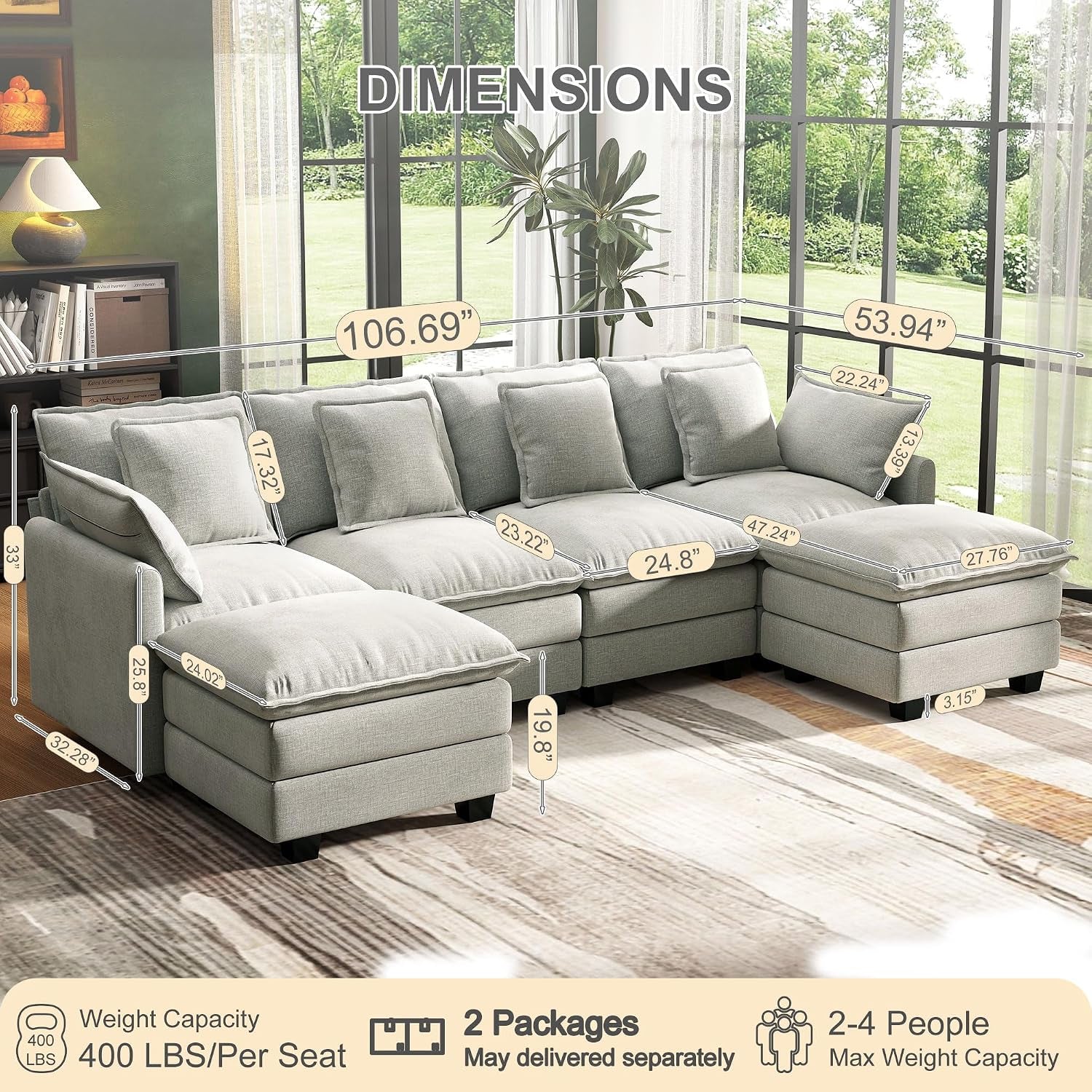 107" Cloud Couch Sectional Modular Sofa, Deep Seat Couches with Ottoman and Removable Washable Pillows for Living Room, Bedroom, Apartment, Light Grey