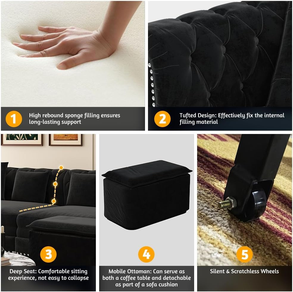 89" King Size Sleeper Sofa Bed, 3-In-1 Convertible Pull Out Chesterfield Sleeper Couch with Ottoman, Oversized Velvet Button Tufted L Shaped Sofa for Living Room Small Spaces (Black)