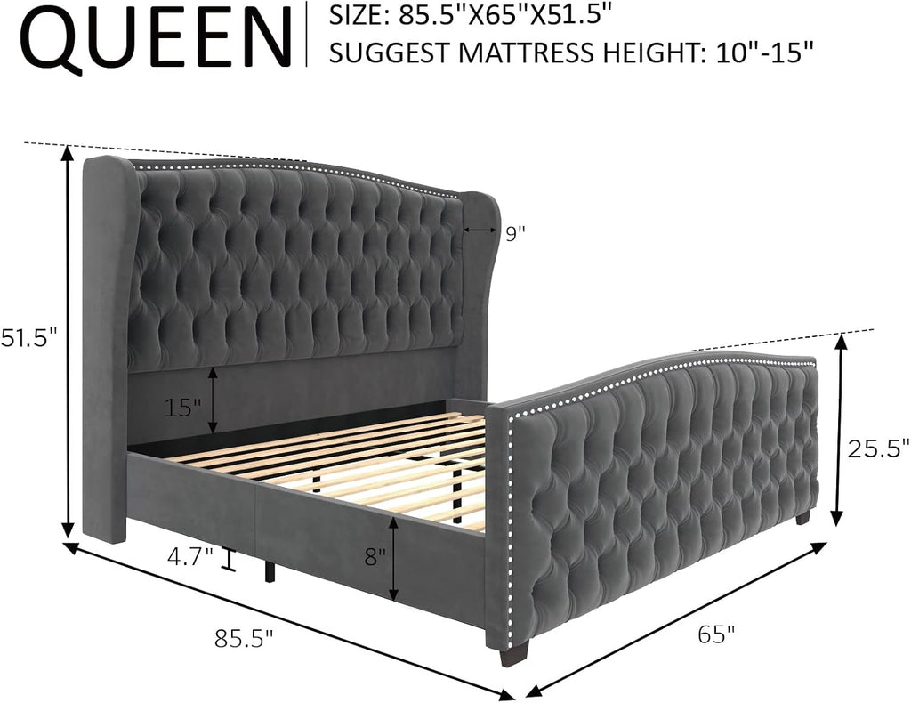 Queen Size Bed Frame with Velvet Upholstered Wingback Headboard
