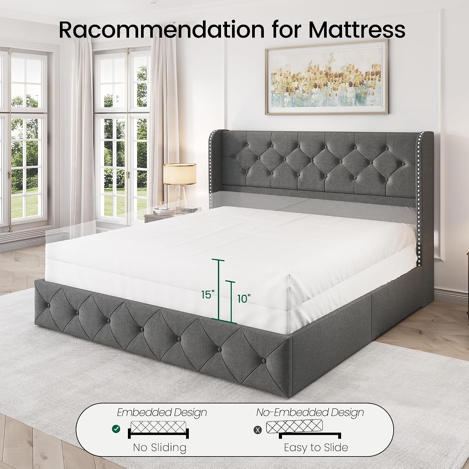 Queen Size Platform Bed Frame with 4 Storage Drawers and 47.2" Tall Tufted Headboard Linen Upholstered Bed Wingback Bed Frame with Wooden Slats Support, Easy Assembly, Light Grey