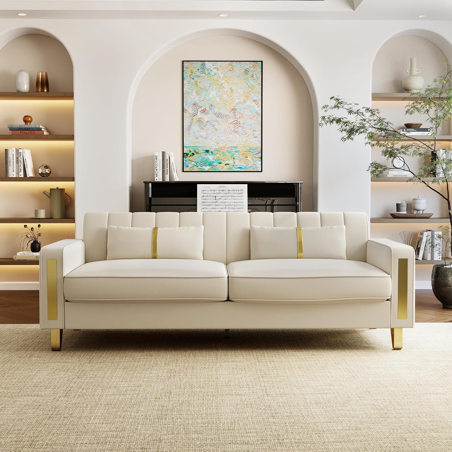 2-Piece Loveseat Couch Set for Living Room, 86" Beige 3-Seater Velvet Sofa Couch with 4 Pillows & Gold Metal Legs, Modern Upholstered Sofa Set Love Seat Sectional Couches for Apartment Home Office