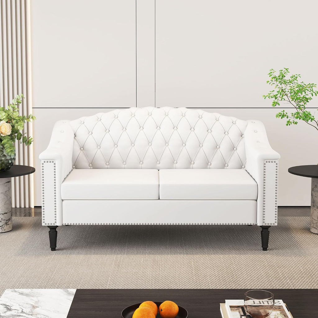 3-Piece Living Room Sofa Set, Chesterfield Sofa Mid-Century Modern Velvet Sofa, Upholstered Couch with Nailhead Trim and Button Tufted for Living Room, Office, Bedroom (1+2+3 Seat White)