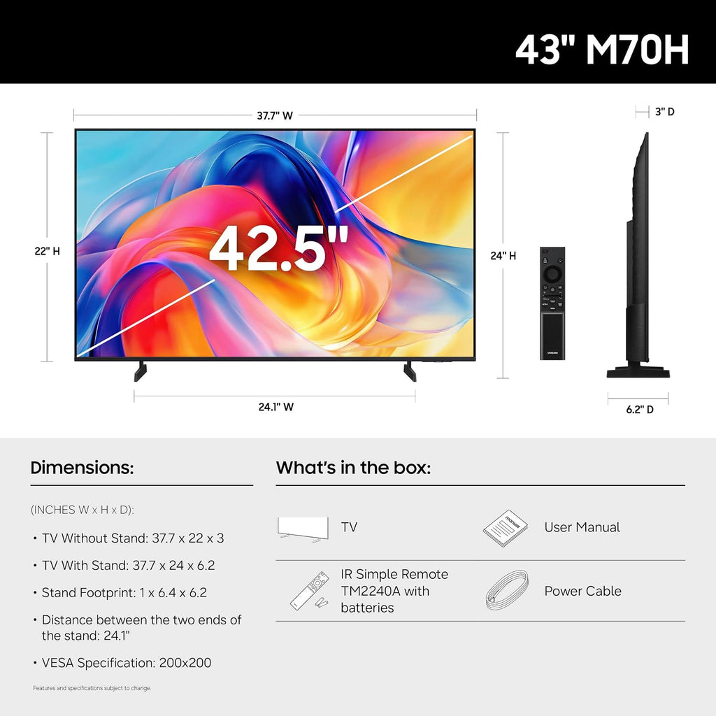Samsung 43-Inch Class M70H Series, Mini LED, 4K, Smart TV, 2026 Model