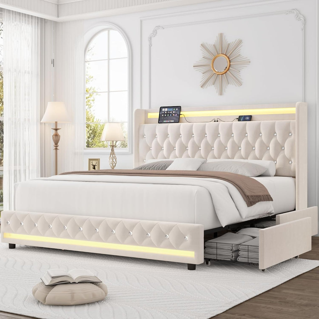 Upholstered Queen LED Bed Frame W/Storage & Charging Headboard, Beige