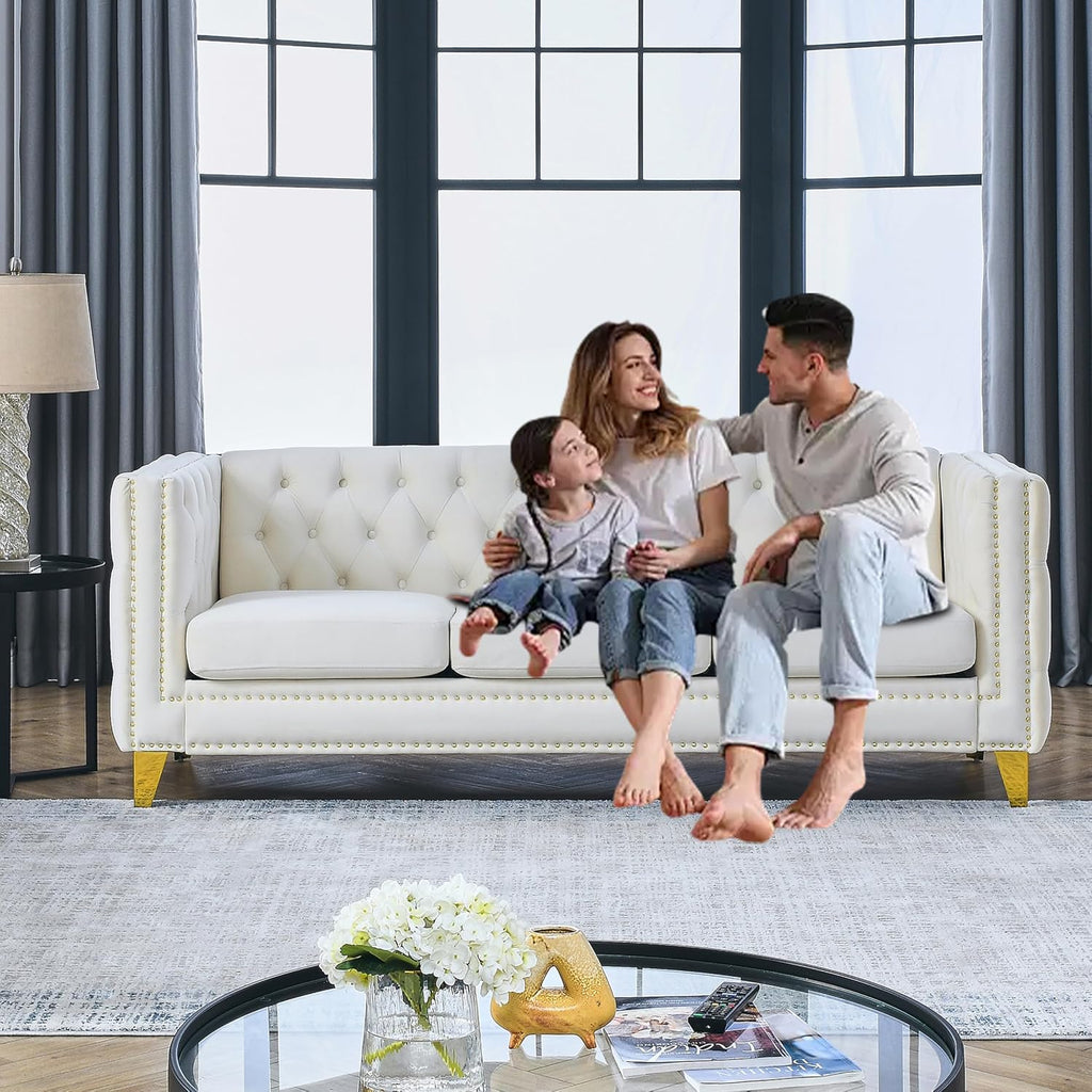 2 Pieces Beige 81" 3-Seater Velvet Sofa Set, Buttons Tufted and Square Arm, Inlaid Gold Nail Heads and 4 Golden Metal Legs for Living Room
