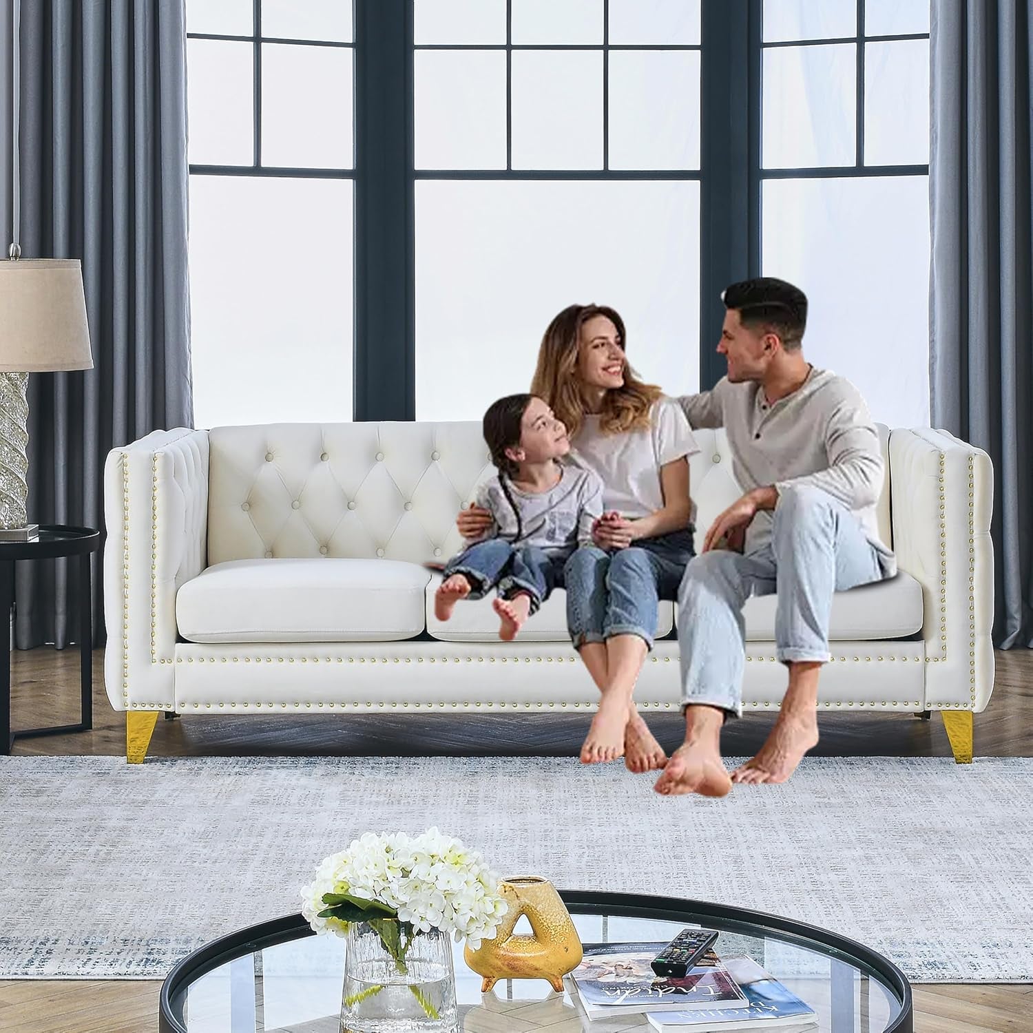 2 Pieces Beige 81" 3-Seater Velvet Sofa Set, Buttons Tufted and Square Arm, Inlaid Gold Nail Heads and 4 Golden Metal Legs for Living Room