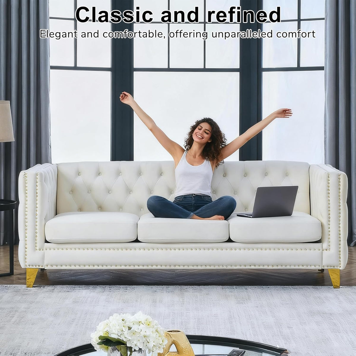 2 Pieces Beige 81" 3-Seater Velvet Sofa Set, Buttons Tufted and Square Arm, Inlaid Gold Nail Heads and 4 Golden Metal Legs for Living Room