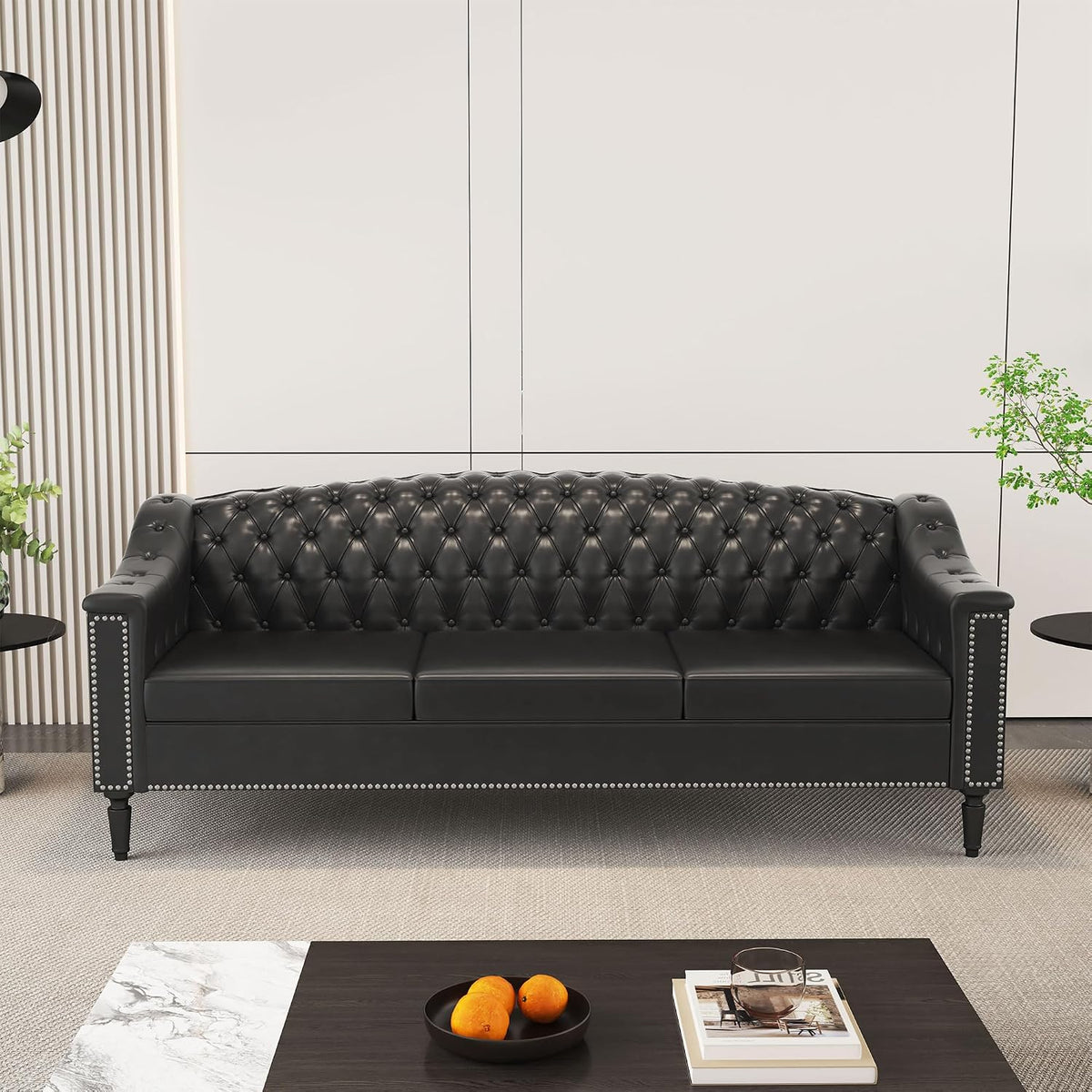 3-Piece Living Room Sofa Set, Chesterfield Sofa Mid-Century Modern PU Sofa, Upholstered Couch with Nailhead Trim and Button Tufted for Living Room, Office, Bedroom (1+2+3 Seat Black)
